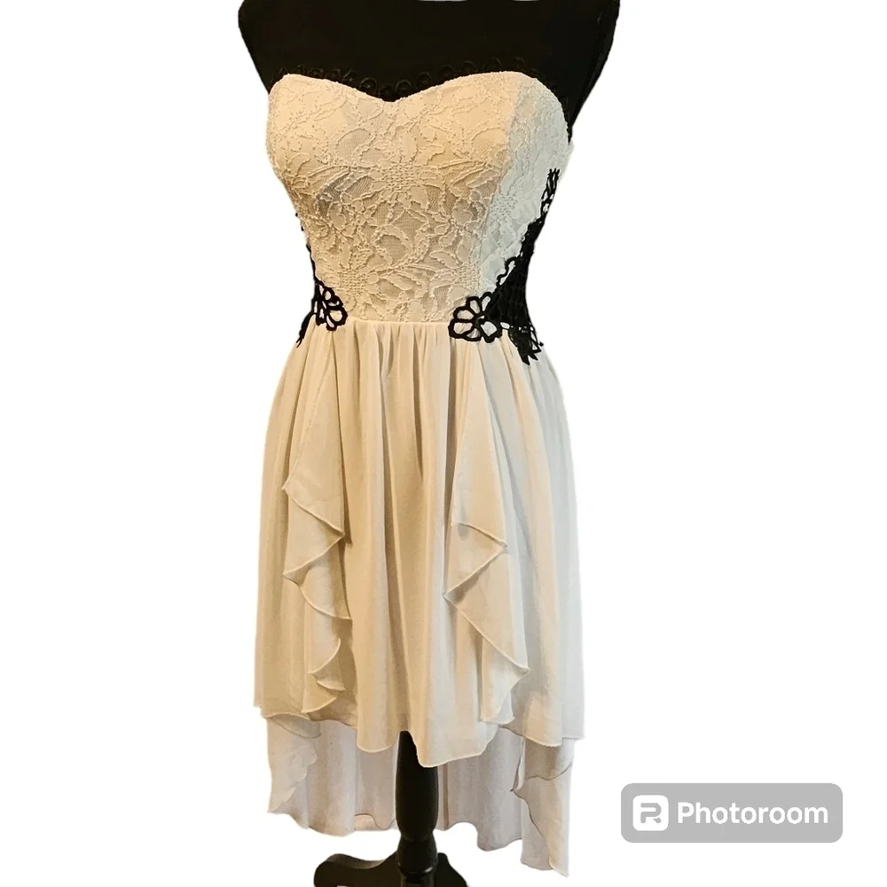 Jodi Kristopher Black White Lace Sheer Crochet Formal Asymmetrical Dress Sz 3 - Picture 2 of 16